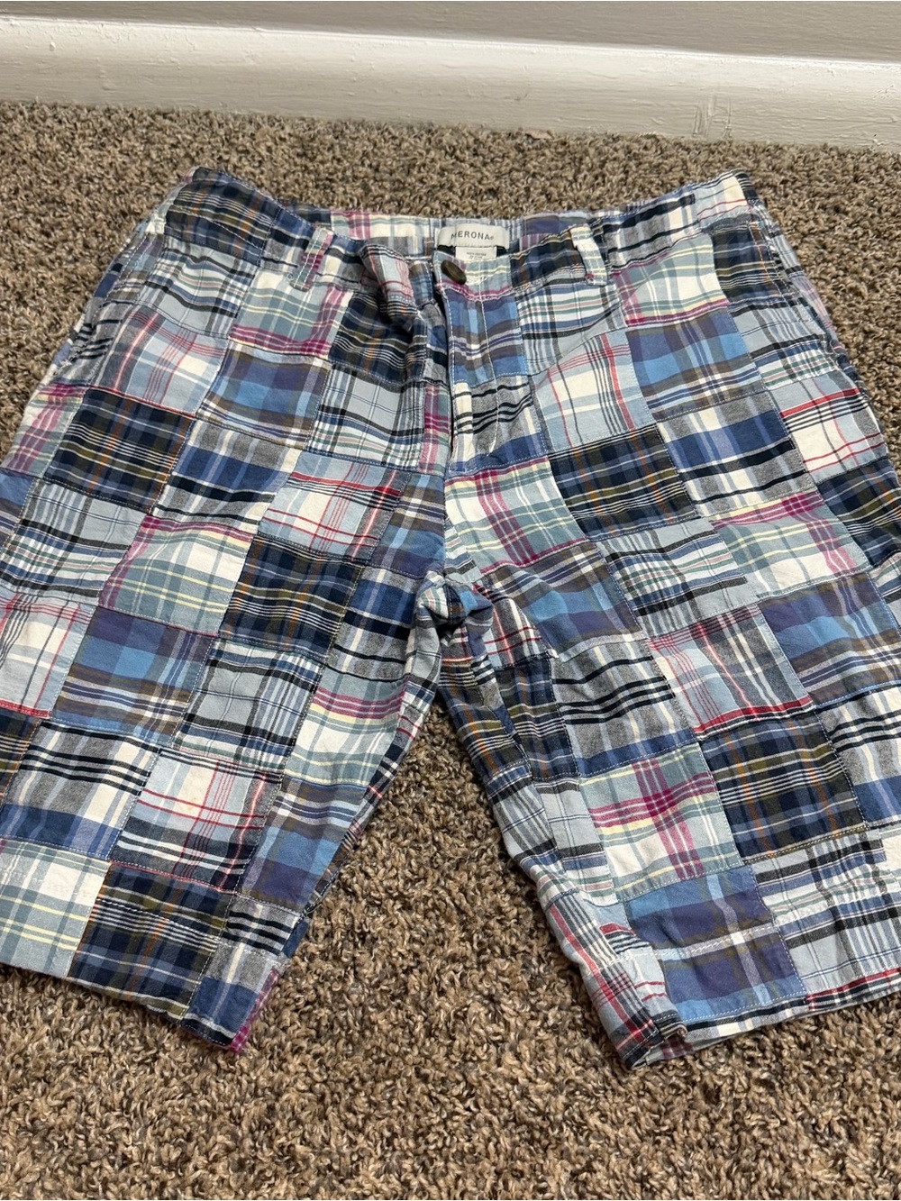 Y2K Merona Men's Patchwork Plaid Shorts - Blue, White, Red